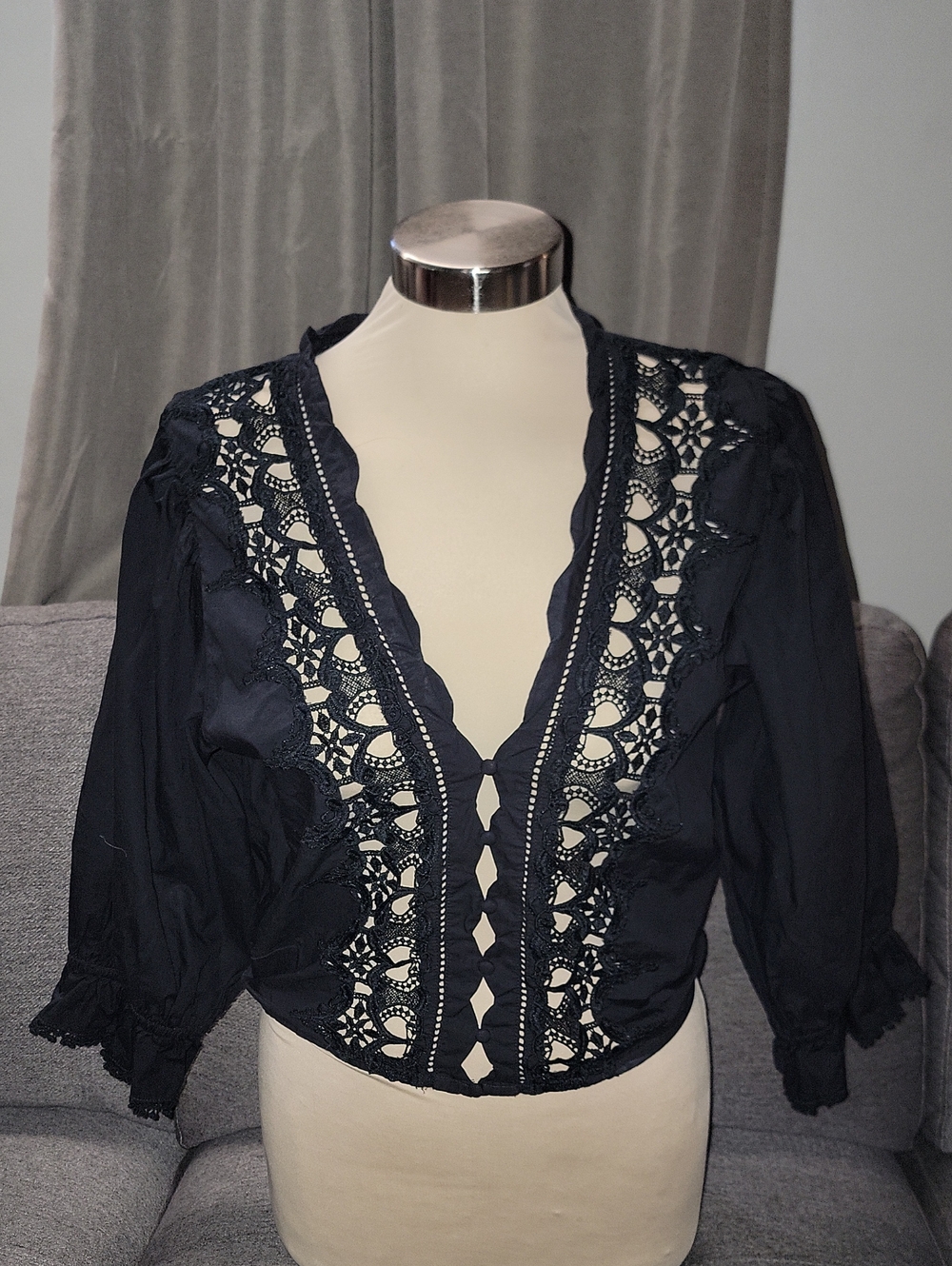 Free People Black Crochet Trim V-Neck Blouse